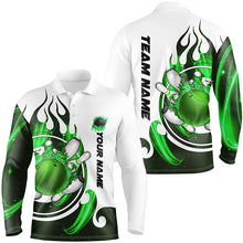 Load image into Gallery viewer, White Mens bowling shirts Custom green flame bowling ball and pins Jerseys polo, quarter zip shirts NQS7635
