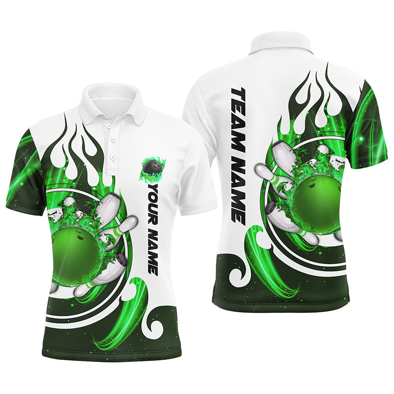 White Mens bowling shirts Custom green flame bowling ball and pins Jerseys polo, quarter zip shirts NQS7635