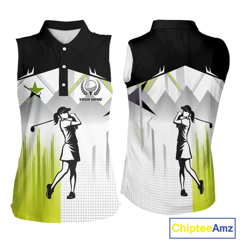 Black and White Women sleeveless polo shirt Custom ladies Golf top, personalized golf gifts | Green NQS10127