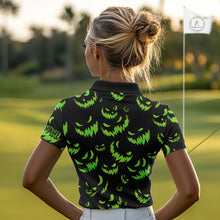 Load image into Gallery viewer, Green and Black Halloween Pattern Funny Skull Golf polo shirt for Women Custom Halloween golf top NQS10662
