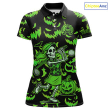Load image into Gallery viewer, Green and Black Halloween Pattern Funny Skull Golf polo shirt for Women Custom Halloween golf top NQS10662