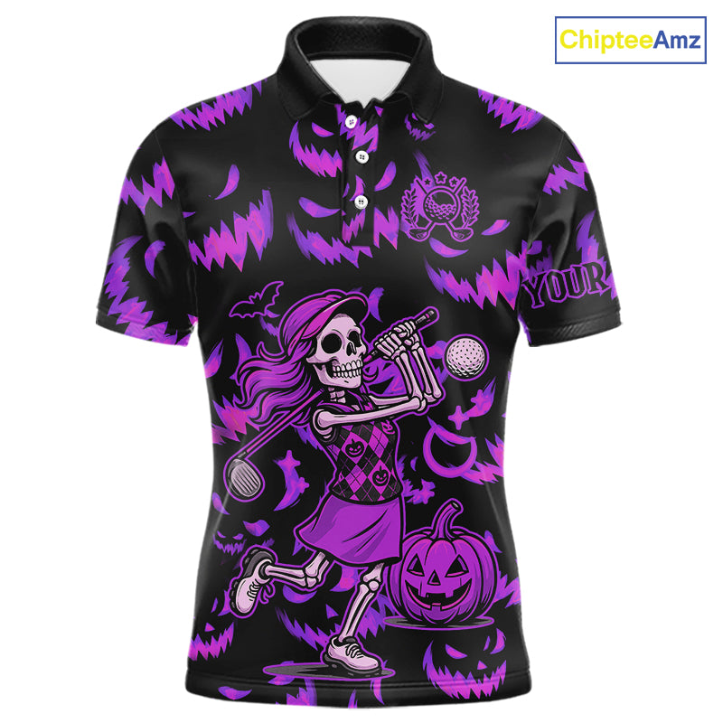 Purple and Black Halloween Pattern Funny Skull Golf polo shirt for men Custom Halloween Mens golf top NQS10663