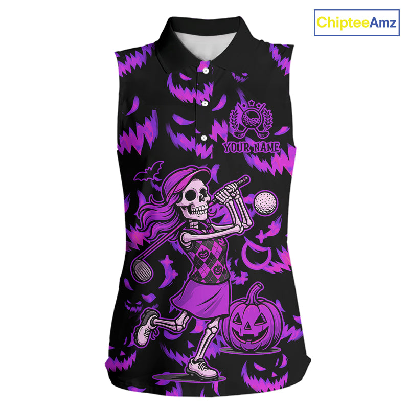 Purple and Black Halloween Pattern Funny Skull Golf sleeveless polo shirt Custom Halloween golf top NQS10663