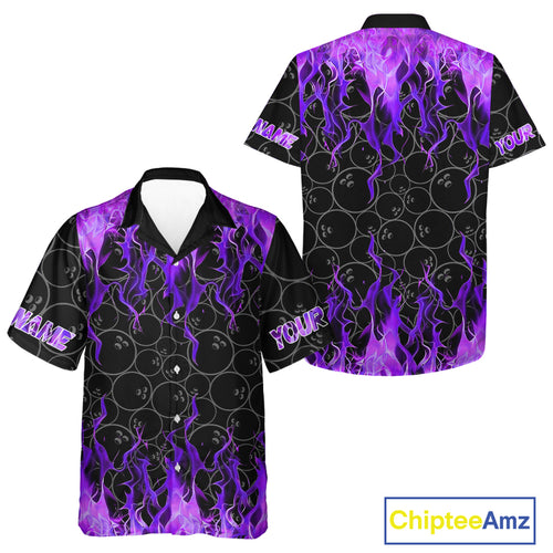 Black and Purple Flame camo Bowling Hawaiian Shirt Custom Flame Bowling Shirt Team Bowling Jersey NQS10666