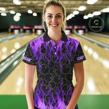 Load image into Gallery viewer, Black and Purple Flame camo Women bowling shirts Custom Flame Bowling Shirt Team Bowling Jersey NQS10666
