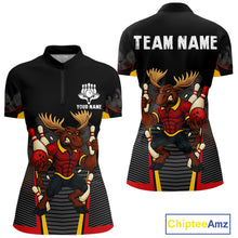 Load image into Gallery viewer, Black and Red Funny Moose Bowling shirts for women Custom polo, quarter zip bowling outfits for women NQS11064