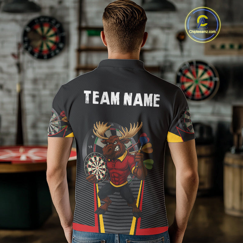 Black and Red Funny Moose Darts Polo, Quarter Zip Shirts For Men Custom Darts Team Jerseys NQS11065