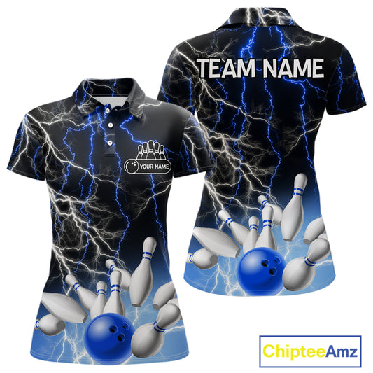 Women's bowling Polo, Quarter Zip shirts Custom Blue lightning thunder team bowling league jerseys NQS11261