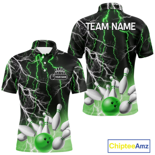 Men's bowling Polo, Quarter Zip shirts Custom Green lightning thunder team bowling league jerseys NQS11262