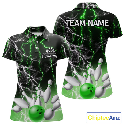 Women's bowling Polo, Quarter Zip shirts Custom Green lightning thunder team bowling league jerseys NQS11262
