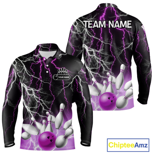 Men's bowling Polo, Quarter Zip shirts Custom Purple lightning thunder team bowling league jerseys NQS11263