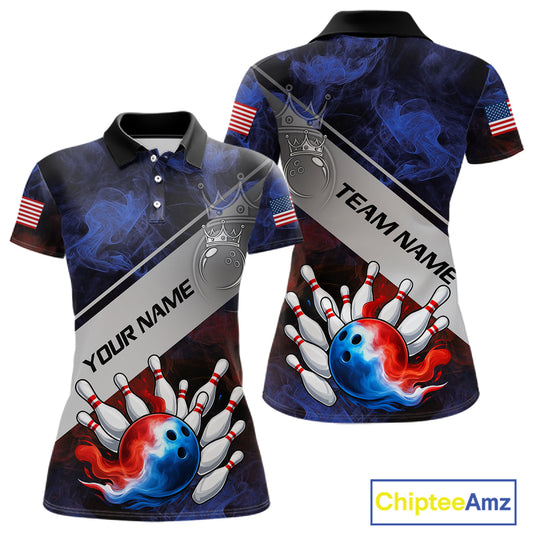 Red, White & Blue Smoke American Flag Bowling shirts For Women Custom patriotic Team bowling jersey NQS11269