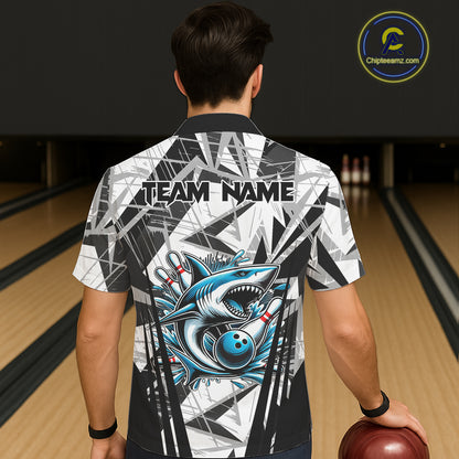 Black and White Camo Shark Bowling Team Hawaiian shirts Custom Shark Bowling button up Shirt NQS11471