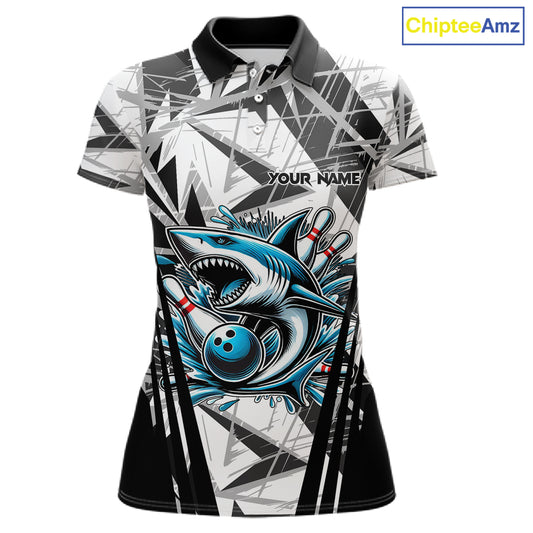 Black and White Camo Shark Bowling Team Shirt For Women Custom Shark Bowling Polo, Quarter Zip Shirt NQS11471