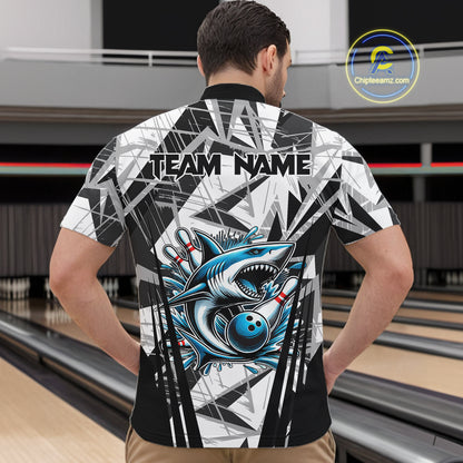 Black and White Camo Shark Bowling Team Shirts For Men Custom Shark Bowling Polo, Quarter Zip Shirt NQS11471