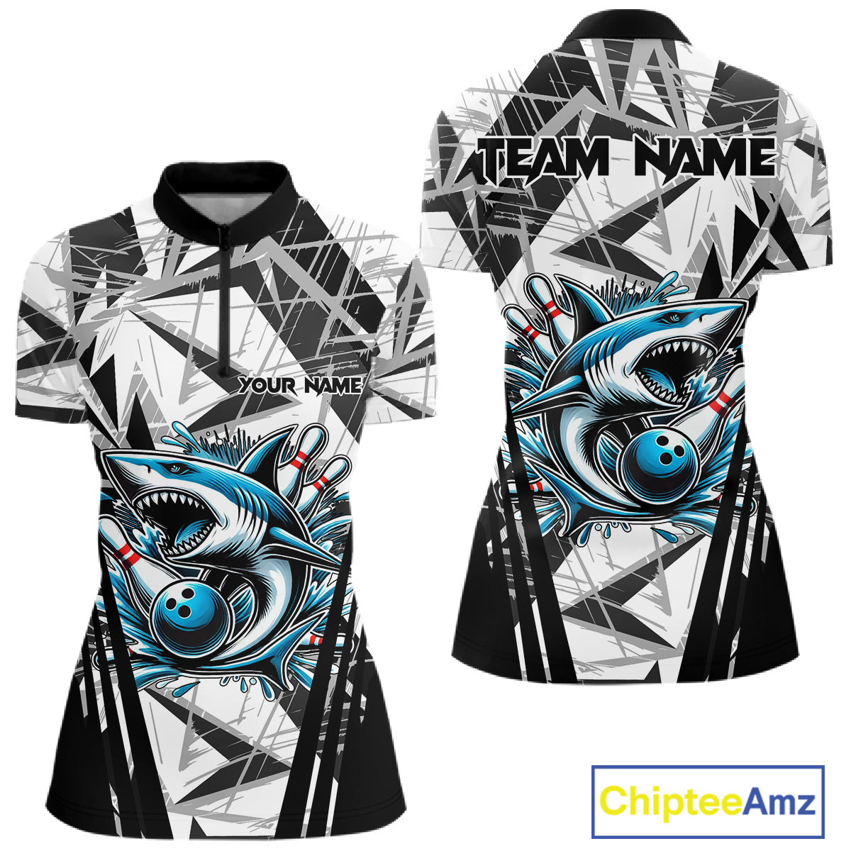 Black and White Camo Shark Bowling Team Shirt For Women Custom Shark Bowling Polo, Quarter Zip Shirt NQS11471