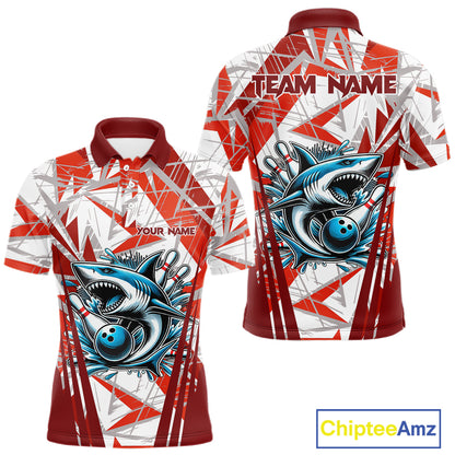 Red and White Camo Shark Bowling Team Shirts For Men Custom Shark Bowling Polo, Quarter Zip Shirt NQS11472