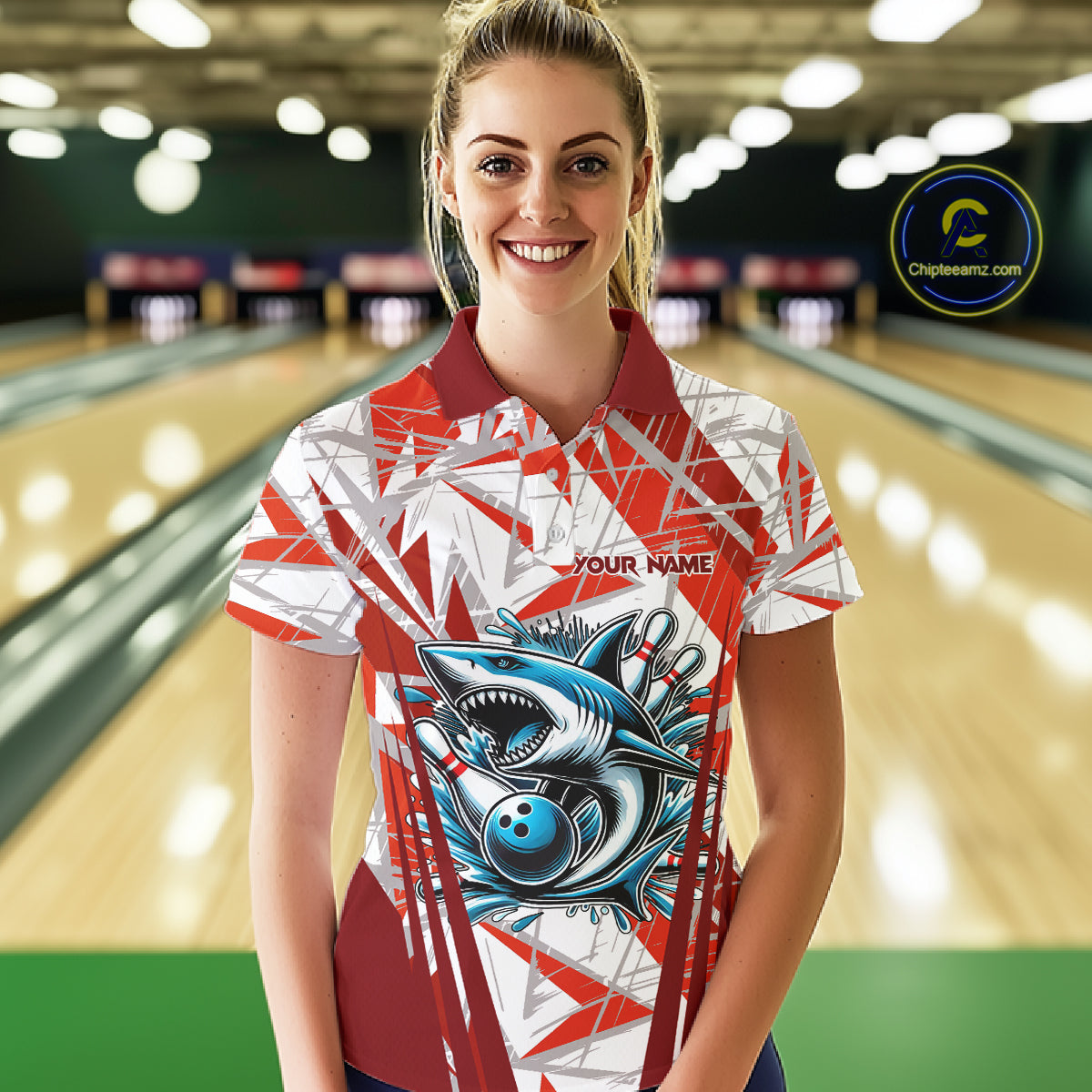Red and White Camo Shark Bowling Team Shirt For Women Custom Shark Bowling Polo, Quarter Zip Shirt NQS11472