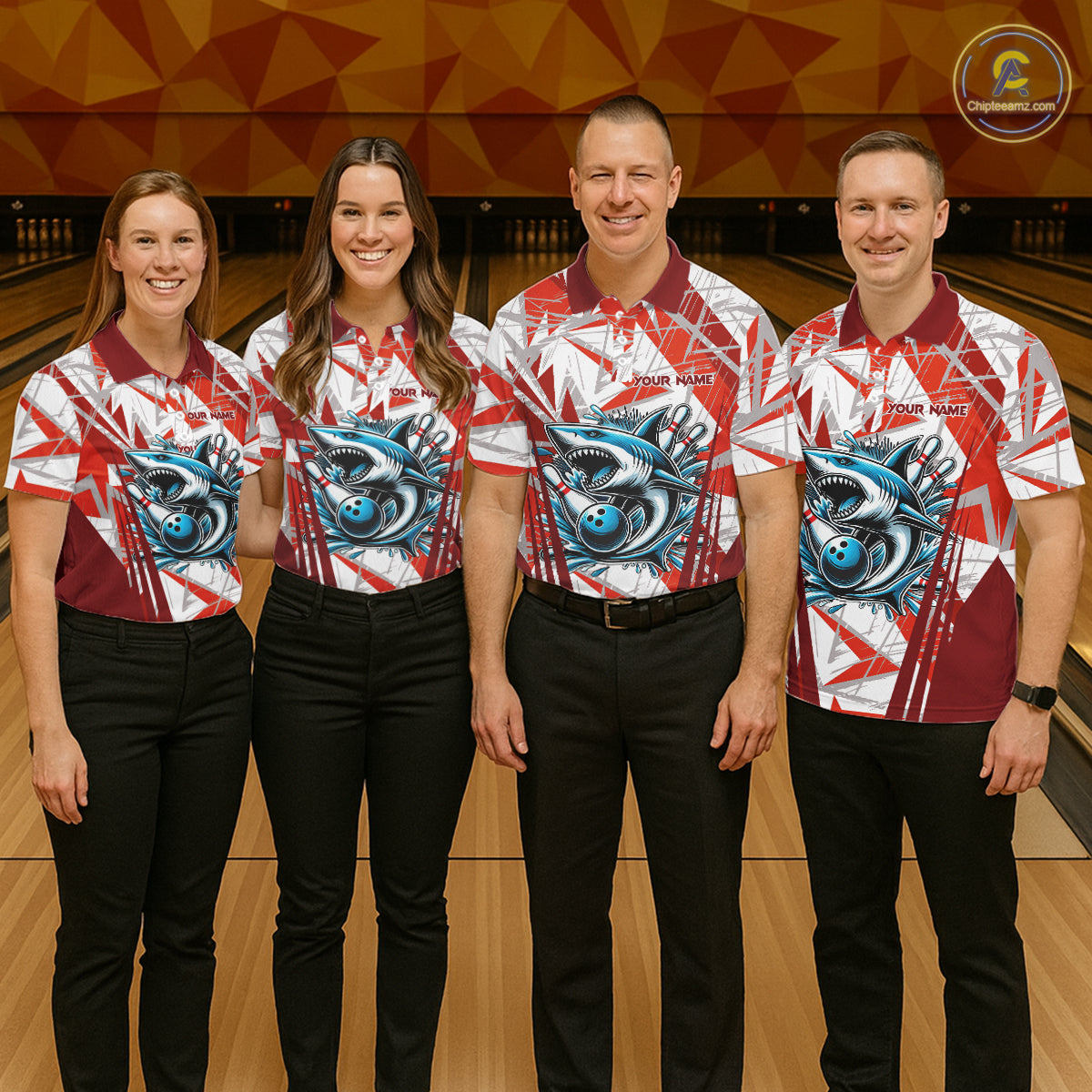 Red and White Camo Shark Bowling Team Shirts For Men Custom Shark Bowling Polo, Quarter Zip Shirt NQS11472