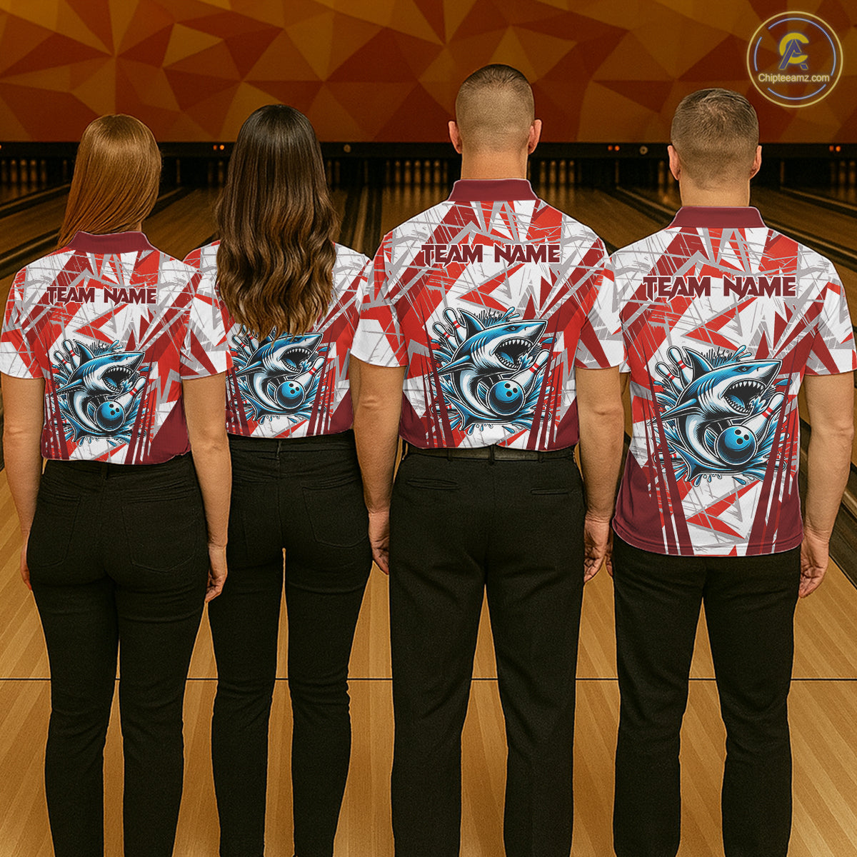 Red and White Camo Shark Bowling Team Shirts For Men Custom Shark Bowling Polo, Quarter Zip Shirt NQS11472