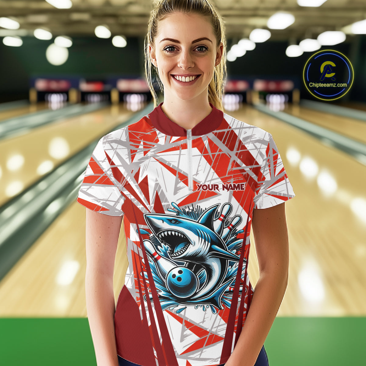 Red and White Camo Shark Bowling Team Shirt For Women Custom Shark Bowling Polo, Quarter Zip Shirt NQS11472