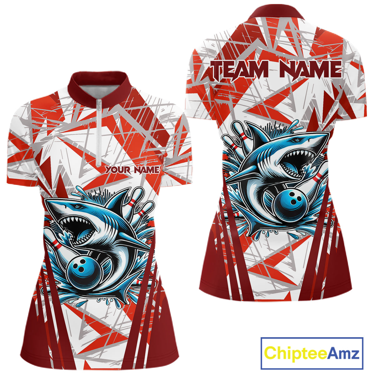 Red and White Camo Shark Bowling Team Shirt For Women Custom Shark Bowling Polo, Quarter Zip Shirt NQS11472
