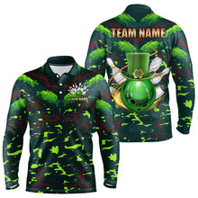 Load image into Gallery viewer, Personalized Green Camo Bowling Polo, 1/4 Zip shirts for Men custom St Patrick Day Bowling Team Jersey NQS9547