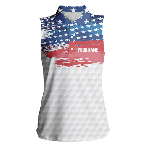 Personalized Red, White and Blue American Flag Women sleeveless polo shirt, patriotic ladies golf tops NQS9550