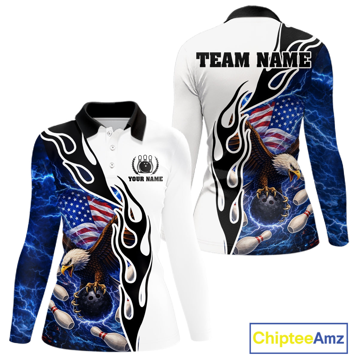 Blue Lightning Thunder American Flag Eagle Women Bowling shirts Custom Patriotic Team bowling Jersey NQS11658