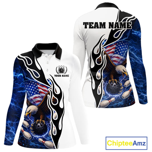 Blue Lightning Thunder American Flag Eagle Women Bowling shirts Custom Patriotic Team bowling Jersey NQS11658