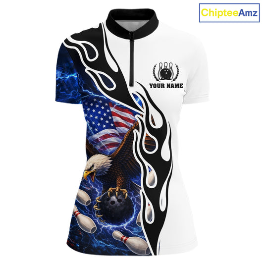 Blue Lightning Thunder American Flag Eagle Women Bowling shirts Custom Patriotic Team bowling Jersey NQS11658