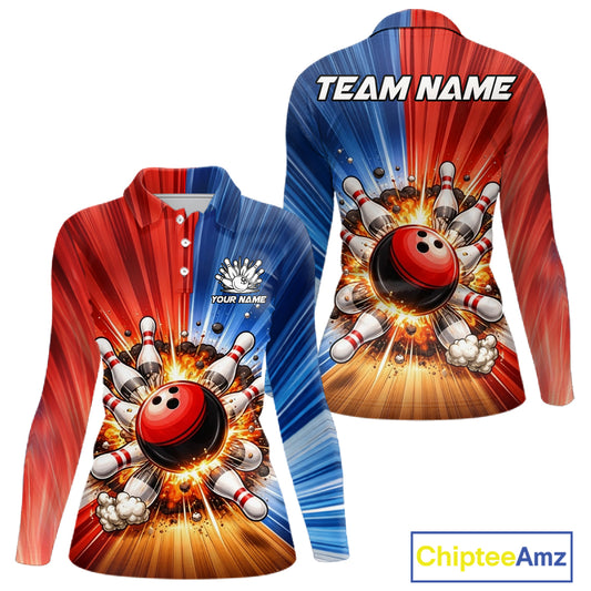 Funny Bowling Boom Polo, 1/4 Zip Shirt For Women Custom Red, White and Blue Team Bowler Jerseys NQS11660