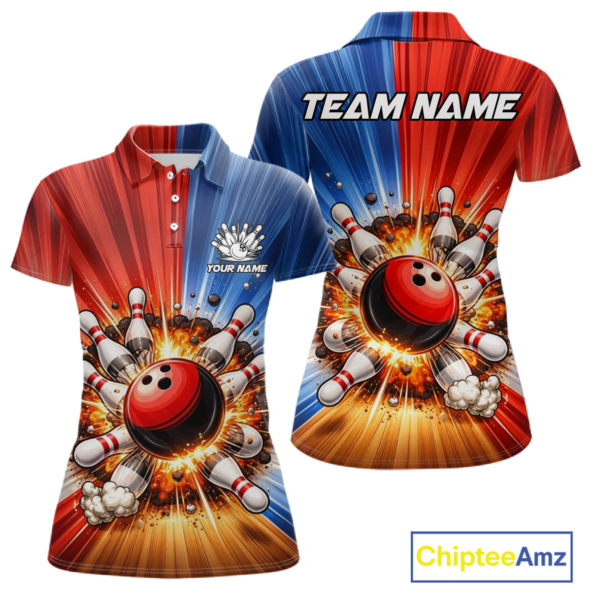 Funny Bowling Boom Polo, 1/4 Zip Shirt For Women Custom Red, White and Blue Team Bowler Jerseys NQS11660