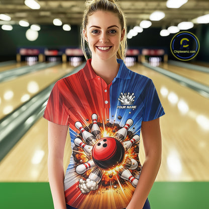 Funny Bowling Boom Polo, 1/4 Zip Shirt For Women Custom Red, White and Blue Team Bowler Jerseys NQS11660