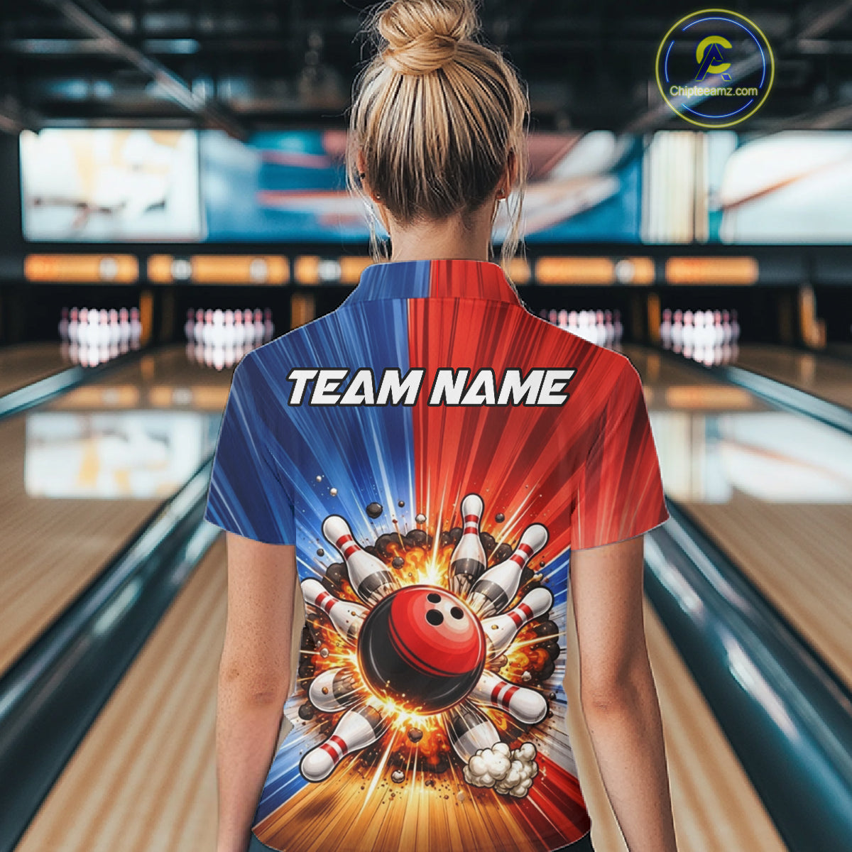 Funny Bowling Boom Polo, 1/4 Zip Shirt For Women Custom Red, White and Blue Team Bowler Jerseys NQS11660