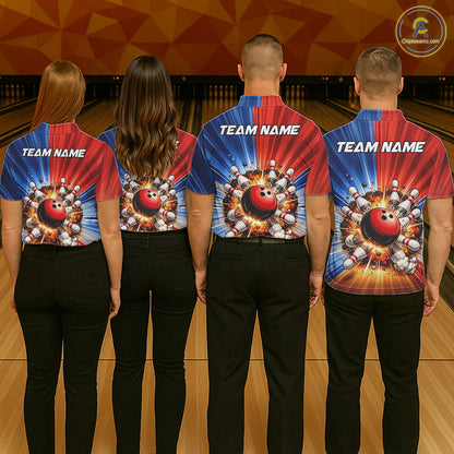 Funny Bowling Boom Polo, 1/4 Zip Shirt For Women Custom Red, White and Blue Team Bowler Jerseys NQS11660