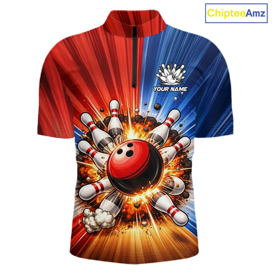 Funny Bowling Boom Polo, 1/4 Zip Shirt For Men Custom Red, White and Blue Team Bowler Jerseys NQS11660