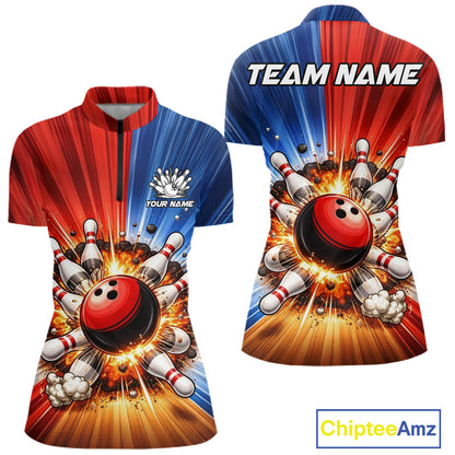 Funny Bowling Boom Polo, 1/4 Zip Shirt For Women Custom Red, White and Blue Team Bowler Jerseys NQS11660