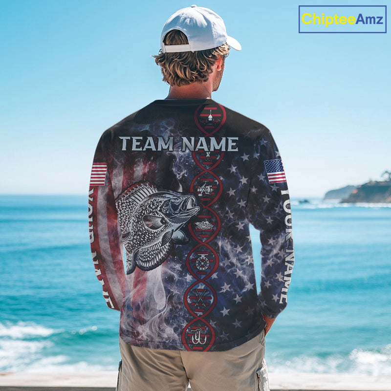 Crappie fishing smoke American Flag It's in my DNA custom UV protection fishing shirts for fishermen NQS11665