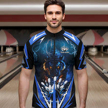 Load image into Gallery viewer, Blue Lightning Thunder Tiger Mens Bowling Polo, Quarter Zip Shirts Custom Bowler Jersey bowling outfit NQS9706
