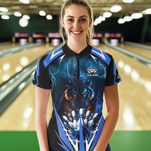 Load image into Gallery viewer, Blue Lightning Thunder Tiger Women Bowling Polo, Quarter Zip Shirt Custom Bowler Jersey bowling outfit NQS9706