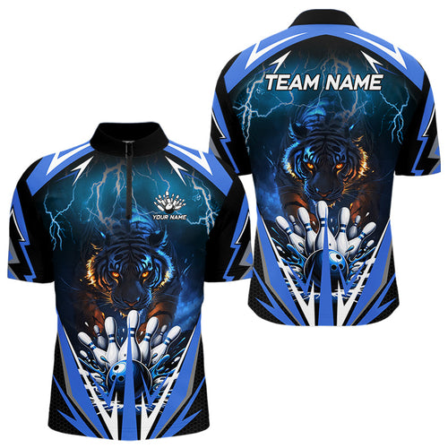 Blue Lightning Thunder Tiger Mens Bowling Polo, Quarter Zip Shirts Custom Bowler Jersey bowling outfit NQS9706