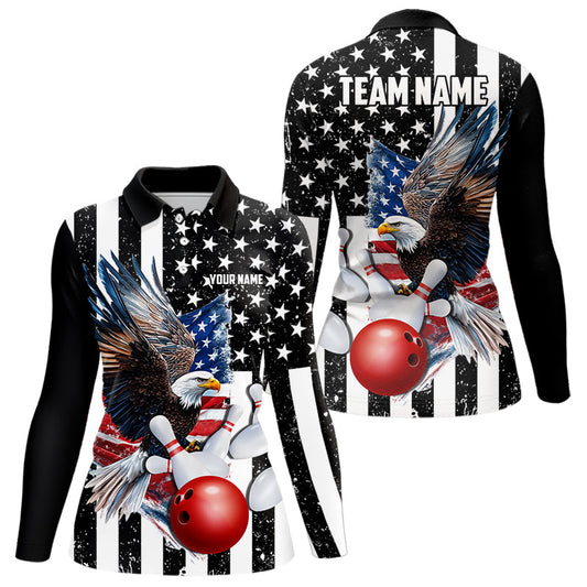Black & White American Flag Eagle Women Bowling Shirt Custom patriotic outfit ladies Bowling Jersey NQS9709