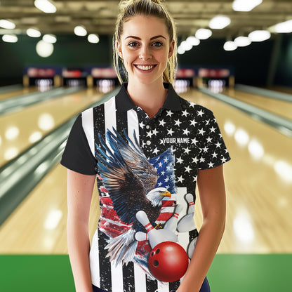 Black & White American Flag Eagle Women Bowling Shirt Custom patriotic outfit ladies Bowling Jersey NQS9709