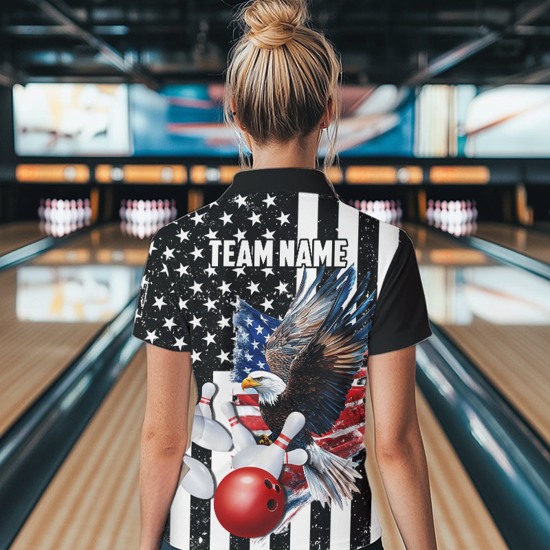 Black & White American Flag Eagle Women Bowling Shirt Custom patriotic outfit ladies Bowling Jersey NQS9709