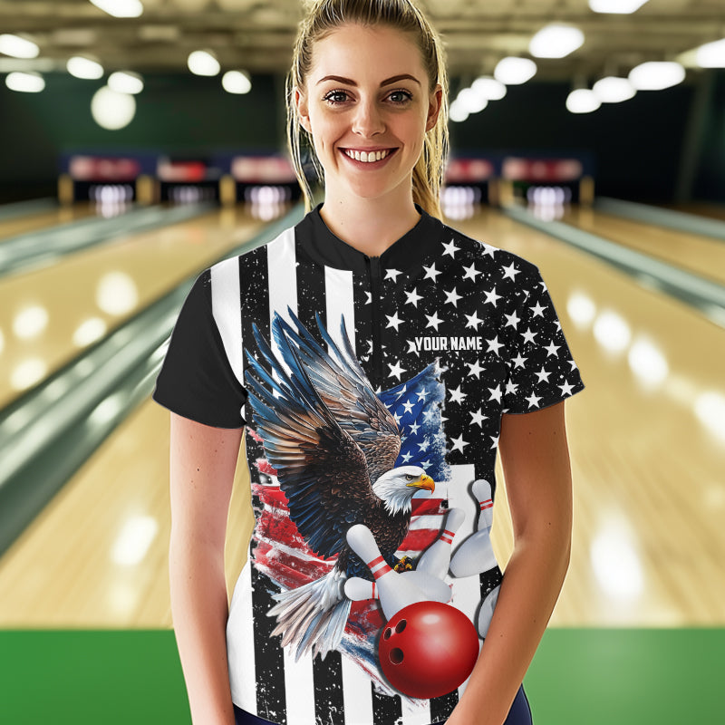 Black & White American Flag Eagle Women Bowling Shirt Custom patriotic outfit ladies Bowling Jersey NQS9709