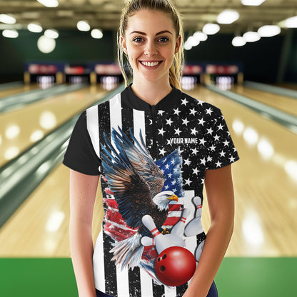 Black & White American Flag Eagle Women Bowling Shirt Custom patriotic outfit ladies Bowling Jersey NQS9709
