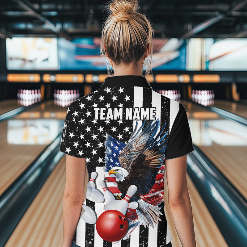Black & White American Flag Eagle Women Bowling Shirt Custom patriotic outfit ladies Bowling Jersey NQS9709