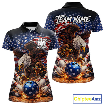 American Flag Flame Eagle Bowling Polo, 1/4 Zip Shirts For Women Custom Patriotic Bowling Team Jersey NQS11748