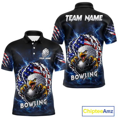 Blue Lightning Thunder US Flag Eagle Bowling Shirts For Men Custom Patriotic Bowling Team Jerseys NQS11749